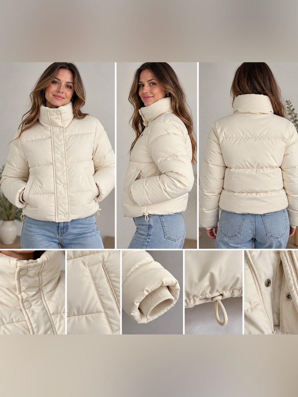 Mango MNG Cream Cropped Puffer Jacket High Collar XS